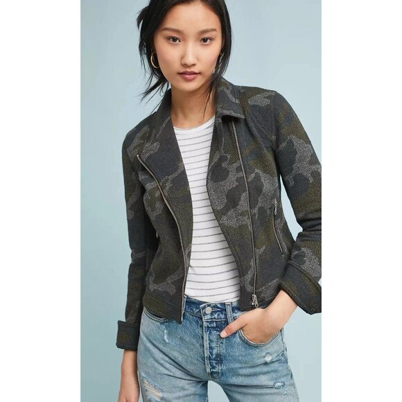 ANTHROPOLOGIE Camo Moto Jacket Zipper Cotton Green Grey Boho Size Medium - Picture 1 of 8